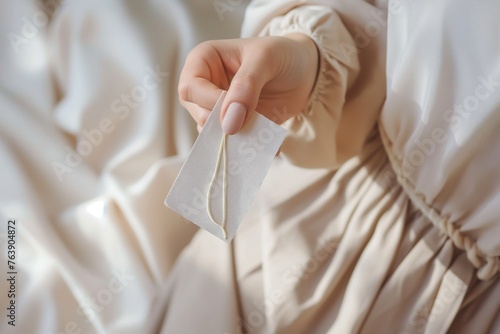 Close up view of the clothing label  held by a beautiful female hand