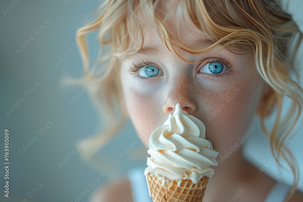 A blond-haired youngster delights in the simple pleasure of an ice cream cone, their carefree laughter echoing in the warm summer breeze