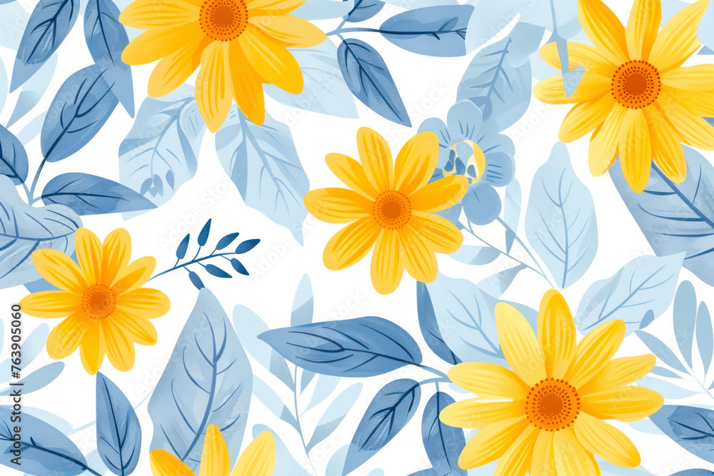 Floral pattern with yellow daisy flower and pale blue leaves.