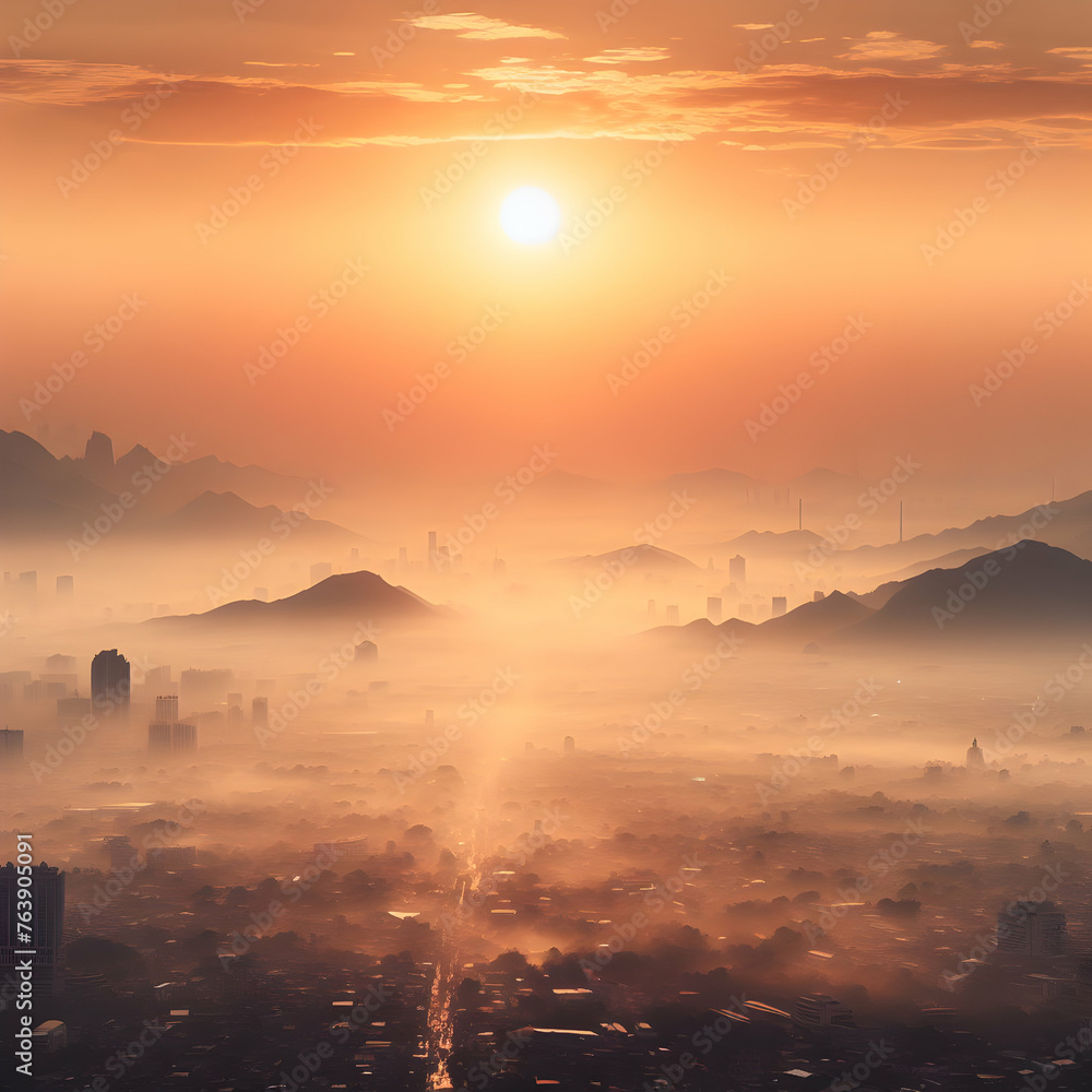 Real Photo photo stock mood theme as PM2.5 Concept for Smoggy Sunrise Concept as The sun rising over a landscape obscured by pm2.5 particles 
