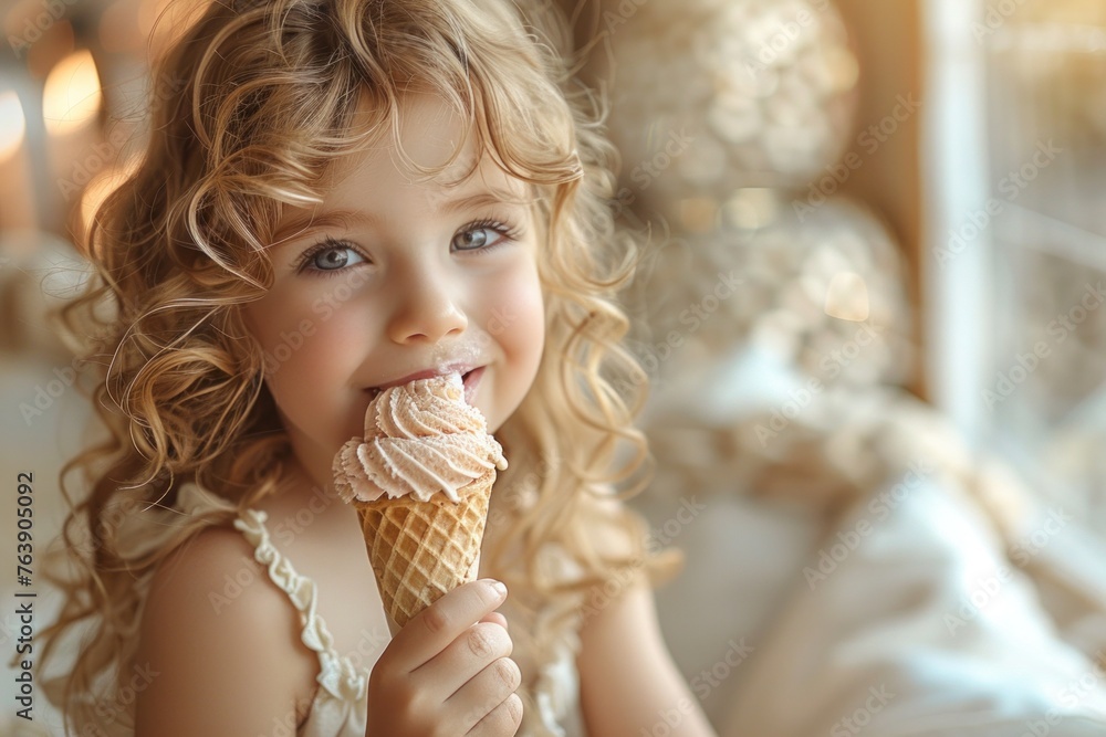 With bright eyes and a contented expression, a blond child enjoys their ice cream cone, the refreshing sweetness a delightful escape from the summer heat With bright eyes and a contented expression, a blond child enjoys their ice cream cone, the refreshing sweetness a delightful escape from the summer heat