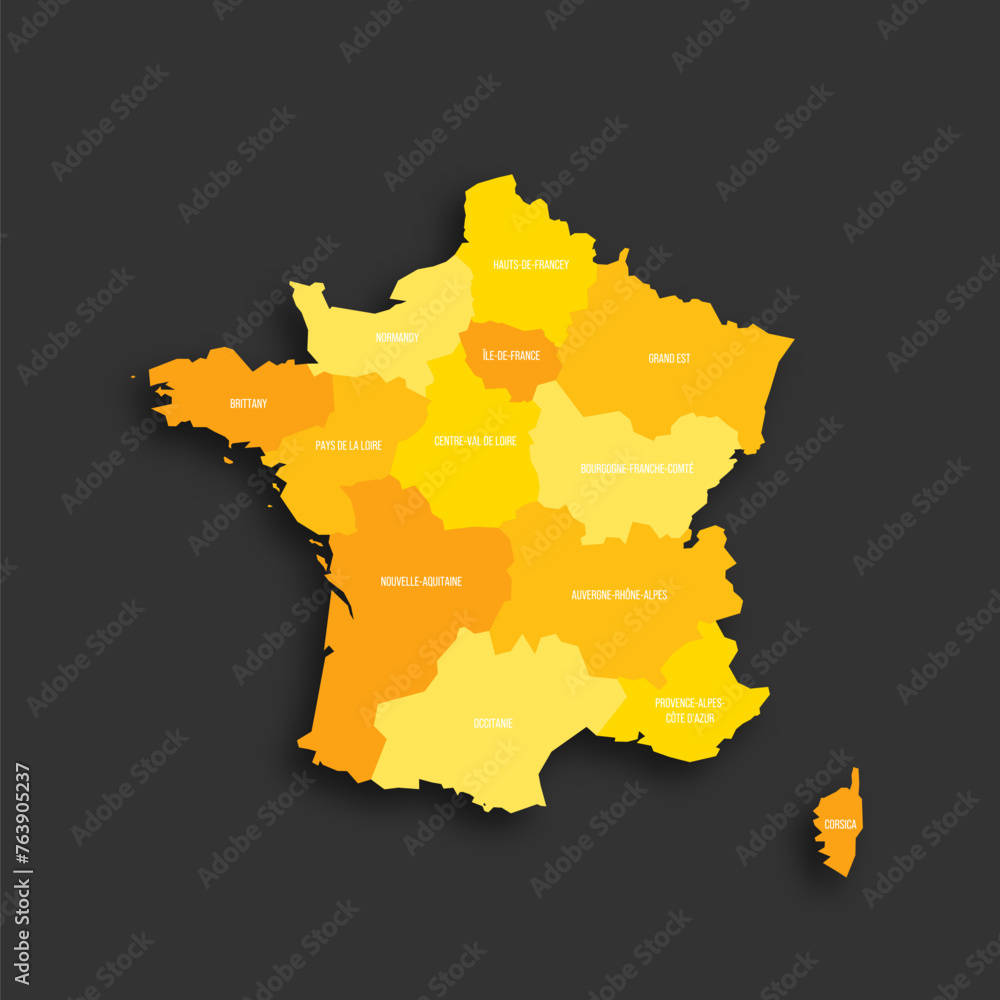 France political map of administrative divisions - regions. Yellow shade flat vector map with name labels and dropped shadow isolated on dark grey background. France political map of administrative divisions - regions. Yellow shade flat vector map with name labels and dropped shadow isolated on dark grey background.
