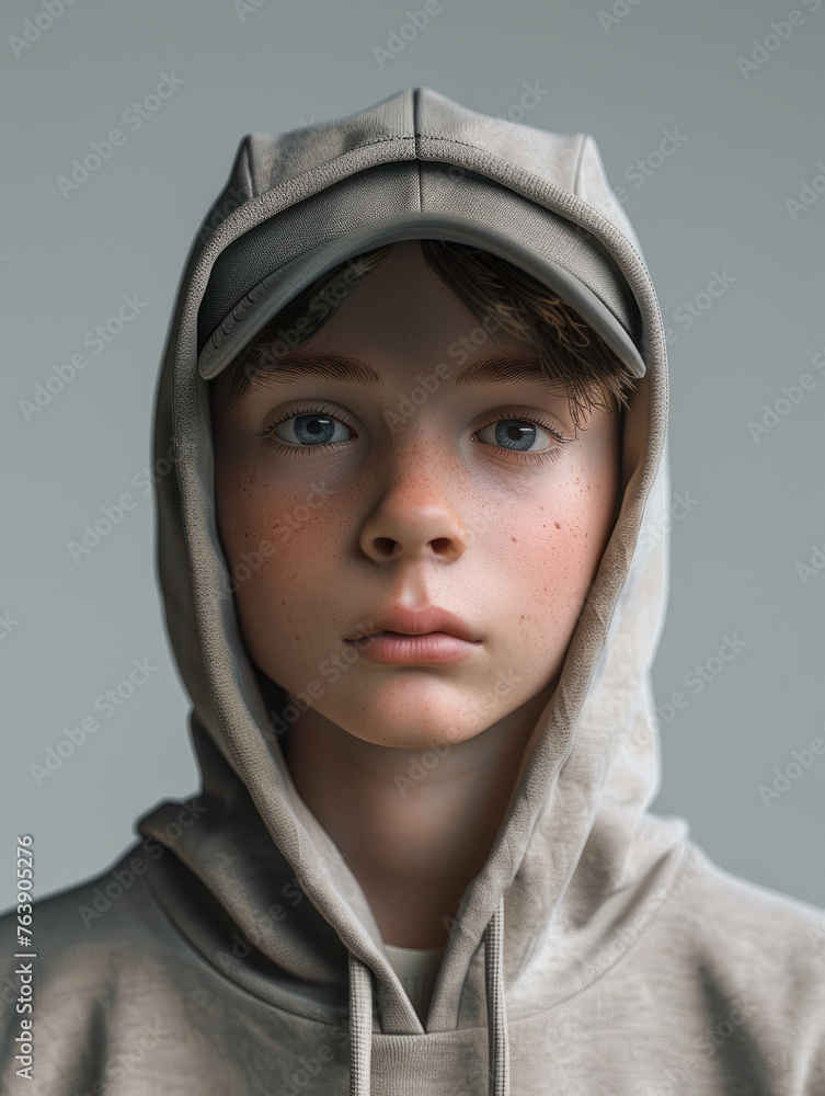 Portrait of a young boy with green eyes wearing a cream hooded sweatshirt Portrait of a young boy with green eyes wearing a cream hooded sweatshirt