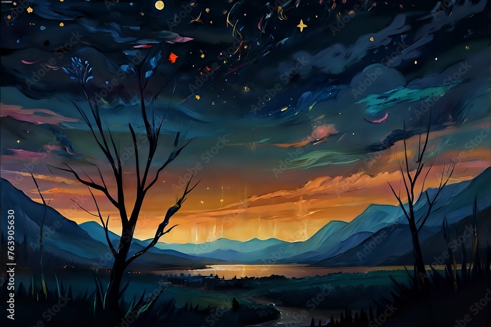 painting of a landscape with a starry night