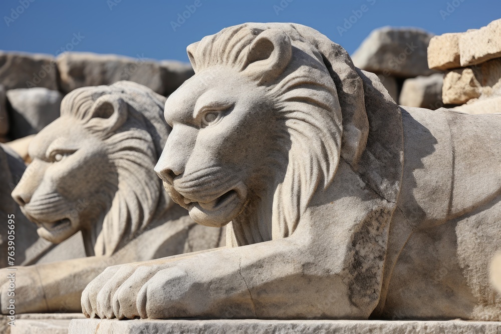 A close-up of the detailed carvings on the Stone Lions of Delos, Greece. A close-up of the detailed carvings on the Stone Lions of Delos, Greece.