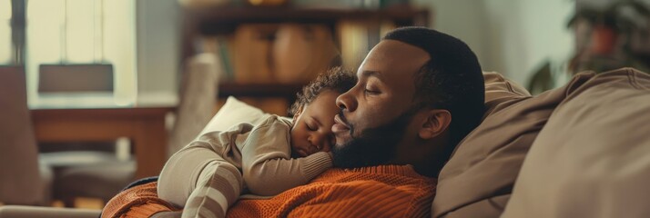 African American dad and son cuddling on couch, cozy home atmosphere