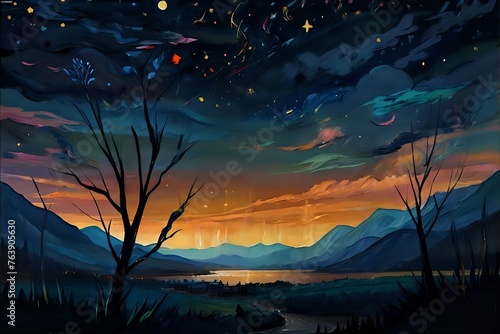painting of a landscape with a starry night