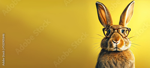 cute rabbit with glasses on a yellow background. postcard illustration with funny fluffy bunny