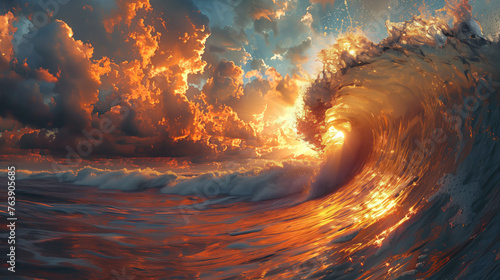 Big Sea Wave and Cloudy Sky at Sunset