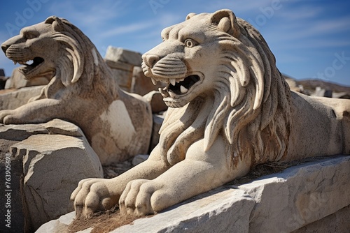 A close-up of the detailed carvings on the Stone Lions of Delos, Greece. photo