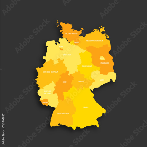 Germany political map of administrative divisions - federal states. Yellow shade flat vector map with name labels and dropped shadow isolated on dark grey background.