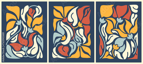 Bright abstract floral arrangements, posters template. Modern Matisse style minimal prints. Hand drawn doodle wall decor design set, vertical print collection, postcards or cover templates