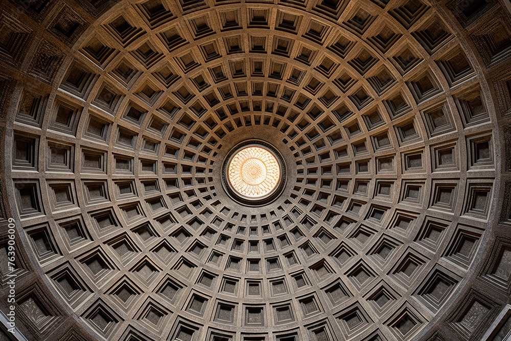 The intricate patterns on the ceiling of the Pantheon in Rome, Italy.