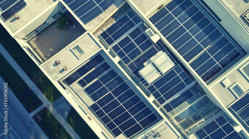 solar panels on the roof of an office building, eco friendly green energy photovoltaic powered building 