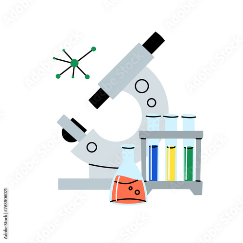 Laboratory equipment. Lab glassware. Chemical reagents in glass bottles and rest tubes and flasks. Medical scientific research tools. Doodle drawing. Vector cartoon flat style isolated illustration