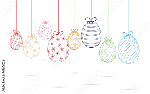 simple Easter Eggs hanging line art banner. Line drawing style. Icon, logo, symbol and print template