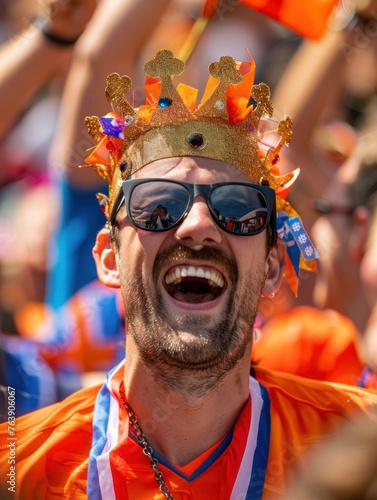 a Dutch man donning an orange t-shirt, black sunglasses, and a gold crown against the backdrop of the Netherlands flag, symbolizing the festive spirit of King's Day celebrations © lublubachka