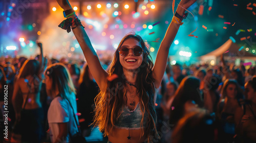 Young girl during a music festival at night
