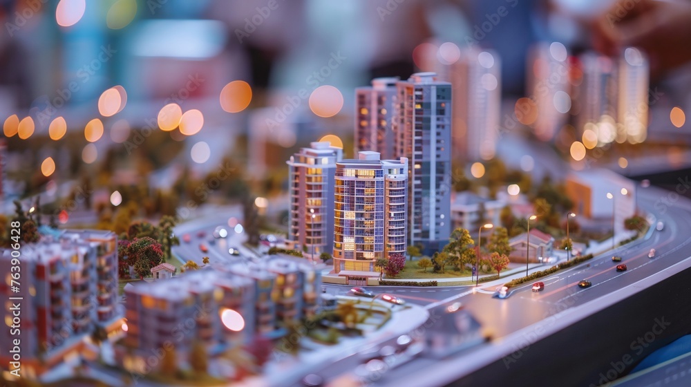 scale model of big buildings and roads with property insurance papers present during an investors meeting about real estate development