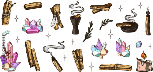 Palo Santo and crystal. Hand drawn sticks and quartz. Magic minerals and candle. Aromatherapy for meditation and relaxation, aromatic wood, sketch style drawing. Yoga and esoteric. Vector illustration