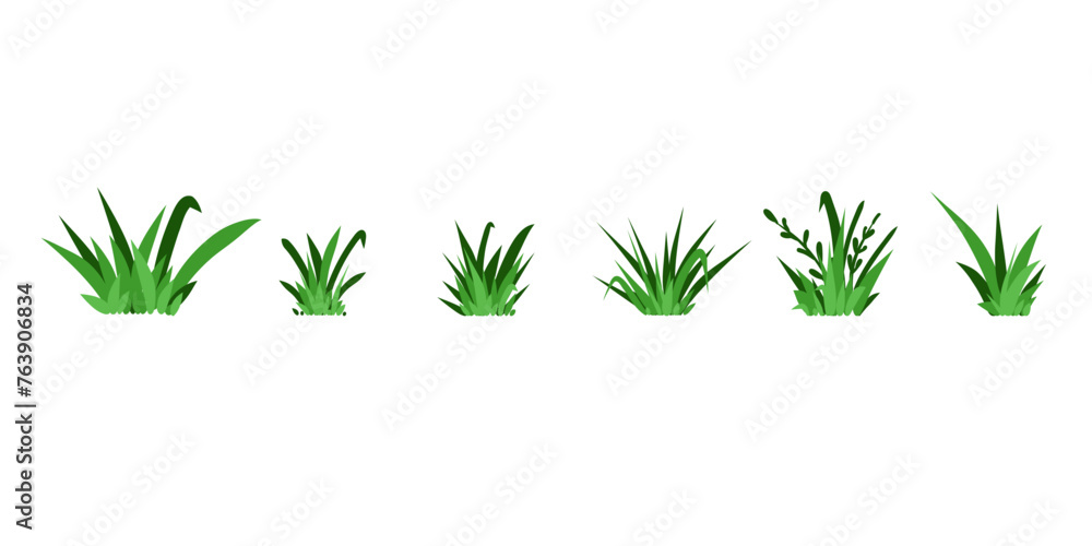 Fototapeta premium Green grass. Field isolated elements. Spring summer hand drawn herb, park lawn meadow sketch style, cartoon flat isolated botanical elements for decor, ecological symbol, vector doodle illustration