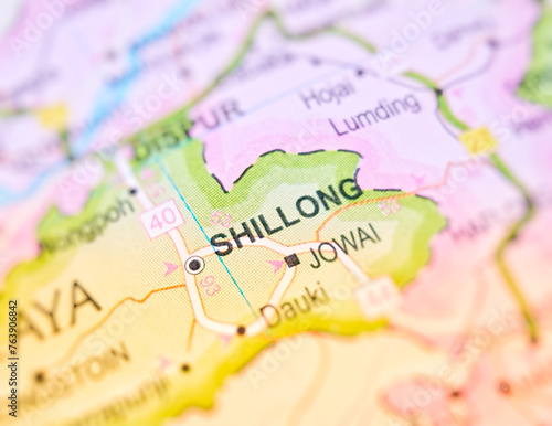 Shillong on a map of India with blur effect.