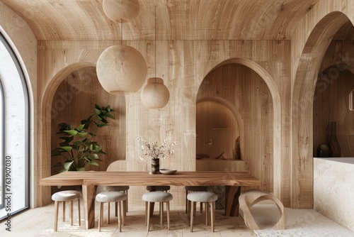 Minimalist interior design of modern dining room with abstract wood paneling arched wall.