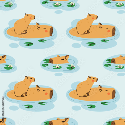 Cute capybara seamless pattern. Funny capibara, adorable exotic animal. South America mammal tropical leaves background. Textile, wrapping paper, wallpaper design. Print for fabric. Cartoon vector