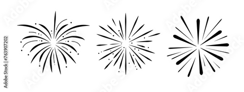 Set fireworks doodle line explosion radial sparkler with rays, hand drawn firecrackers simple and round decoration isolated on white background.