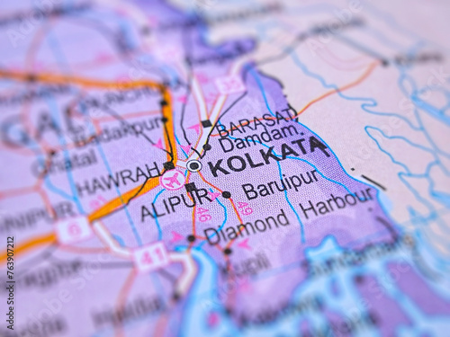 Kolkata on a map of India with blur effect. photo