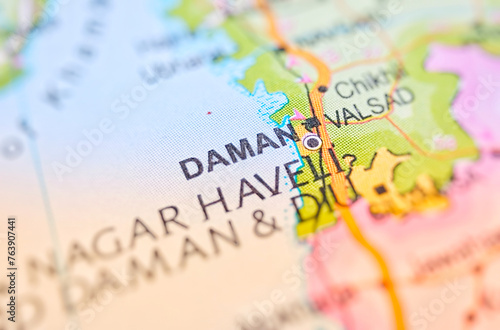 Daman on a map of India with blur effect.