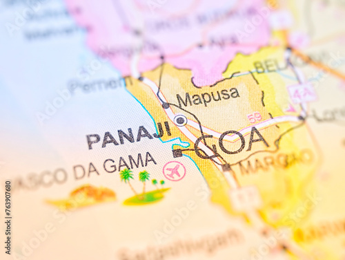 Panaji on a map of India with blur effect.