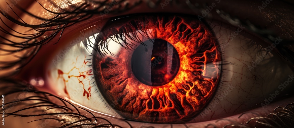 An electric blue circle surrounds the brown iris of a womans eye, with a striking red pupil at the center. The symmetry of her eyelashes adds an artistic touch to the dark background