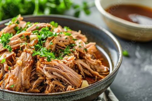Pulled pork with apple chipotle sauce, pork neck, softened butter, cumin, ground coriander, ground ginger, chopped apple, chipotle chili pepper in adobo sauce, apple cider vinegar, chopped parsley