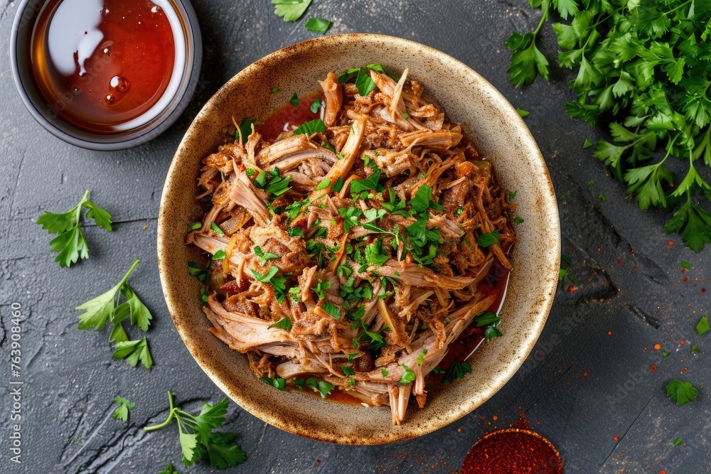 Pulled pork with apple chipotle sauce, pork neck, softened butter