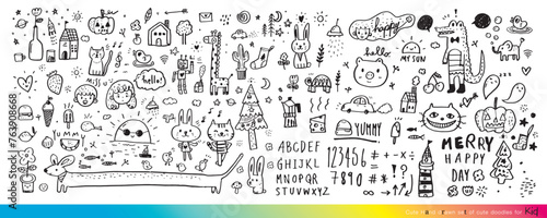 Vector illustration of Doodle cute for kid, Hand drawn set of cute doodles for decoration,Funny Doodle Hand Drawn, Summer, Doodle set of objects from a child's life,Cute animal