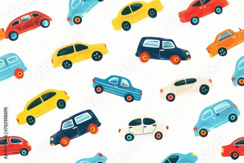 Abstract funny car toys seamless pattern banner, wallpaper for kids, bright colors over white background. Wrapping paper for presents, isolated png. Baby linen, clothes and products for children