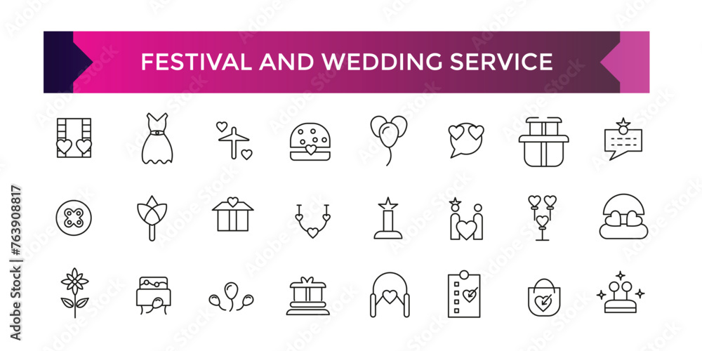 Festival and wedding seervice icon set. Gift and surprise line icons collection. Holiday, cake, present, stars icons. UI icon set.