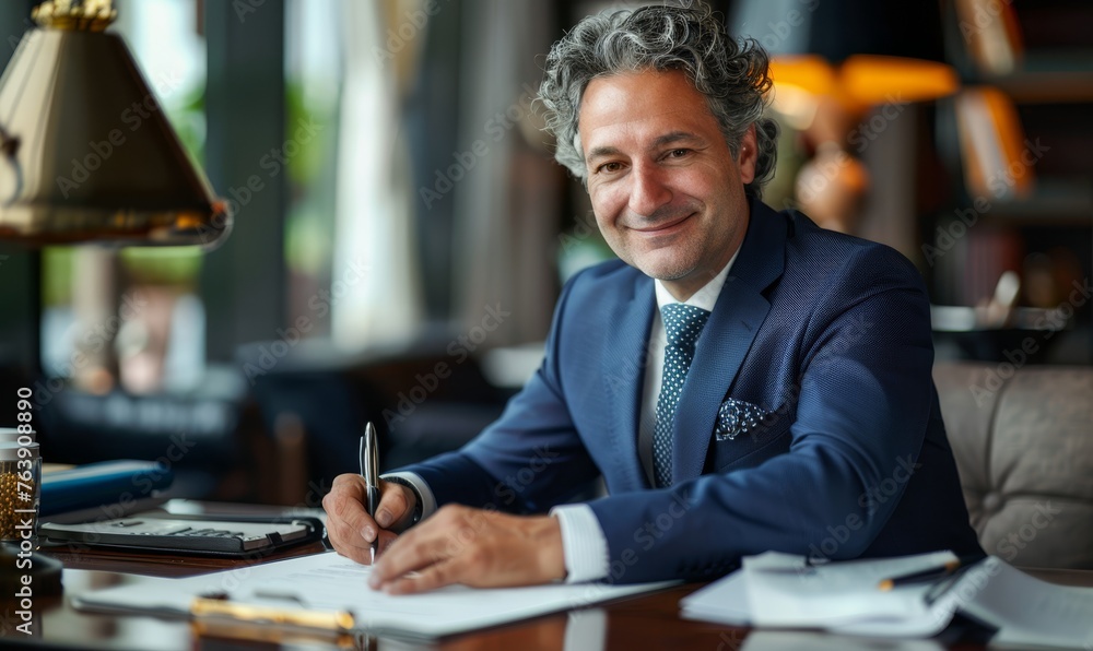 Happy satisfied middle aged professional business man executive ceo manager, lawyer wearing suit sitting at desk signing law document writing signature making legal agreement corporate deal in office
