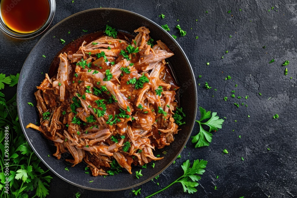 Pulled pork with apple chipotle sauce, pork neck, softened butter