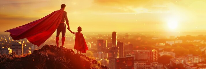 Silhouettes of father and child in superhero capes on mountain at sunrise. Father's day.