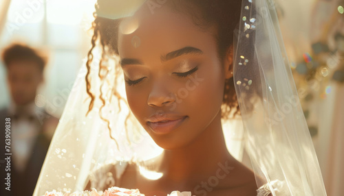 Tender and sensual dark-skinned bride girl at the wedding ceremony. photo