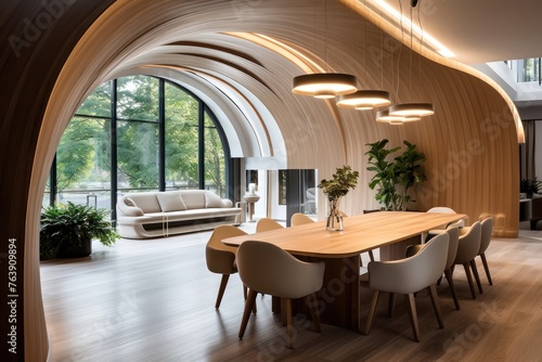 Minimalist interior design of modern dining room with abstract wood paneling arched wall. © inthasone