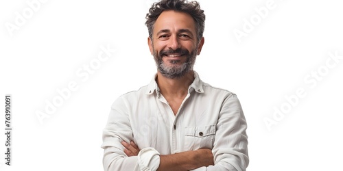 Satisfied retail manager achieving business targets on white background
