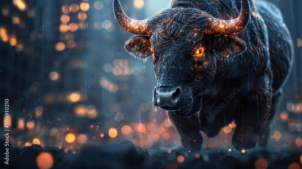 Illustration featuring a stock trading background inspired by Wall Street, with a bull statue serving as a symbolic representation of the financial district's bullish market sentiment - obrazy, fototapety, plakaty 