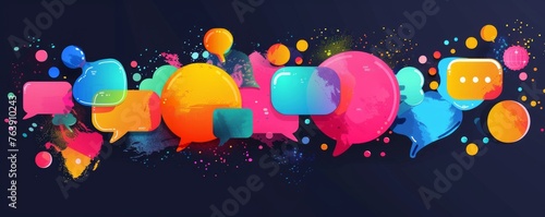 A colorful collage of speech bubbles with a textured background