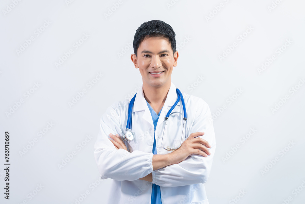 Attractive Middle aged asian male doctor pediatric, physical or psychiatrist in white coat with stethoscope standing isolated on white background, virus, health care, disease treatment Attractive Middle aged asian male doctor pediatric, physical or psychiatrist in white coat with stethoscope standing isolated on white background, virus, health care, disease treatment