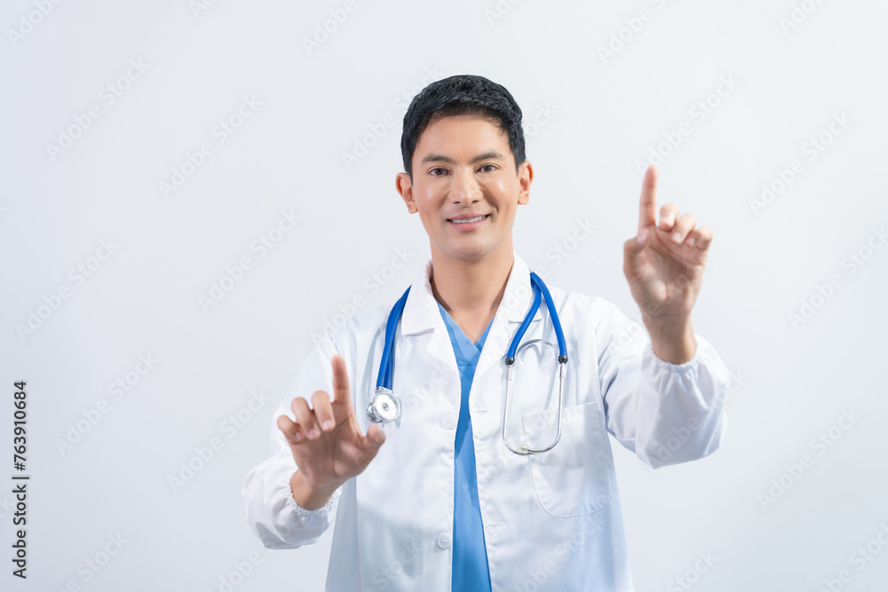 Attractive Middle aged asian male doctor pediatric, physical or psychiatrist in white coat with stethoscope standing isolated on white background, virus, health care, disease treatment Attractive Middle aged asian male doctor pediatric, physical or psychiatrist in white coat with stethoscope standing isolated on white background, virus, health care, disease treatment