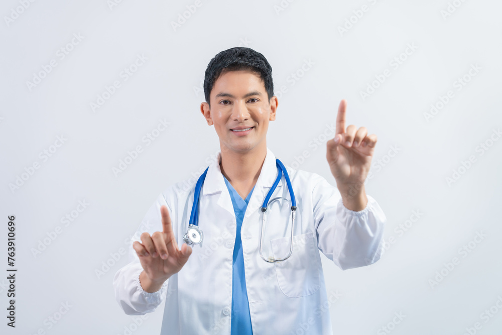 Attractive Middle aged asian male doctor pediatric, physical or psychiatrist in white coat with stethoscope standing isolated on white background, virus, health care, disease treatment Attractive Middle aged asian male doctor pediatric, physical or psychiatrist in white coat with stethoscope standing isolated on white background, virus, health care, disease treatment
