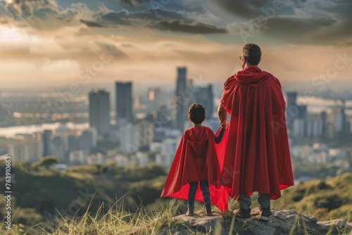 Father and child in superhero capes overlooking city skyline, inspirational father's day concept